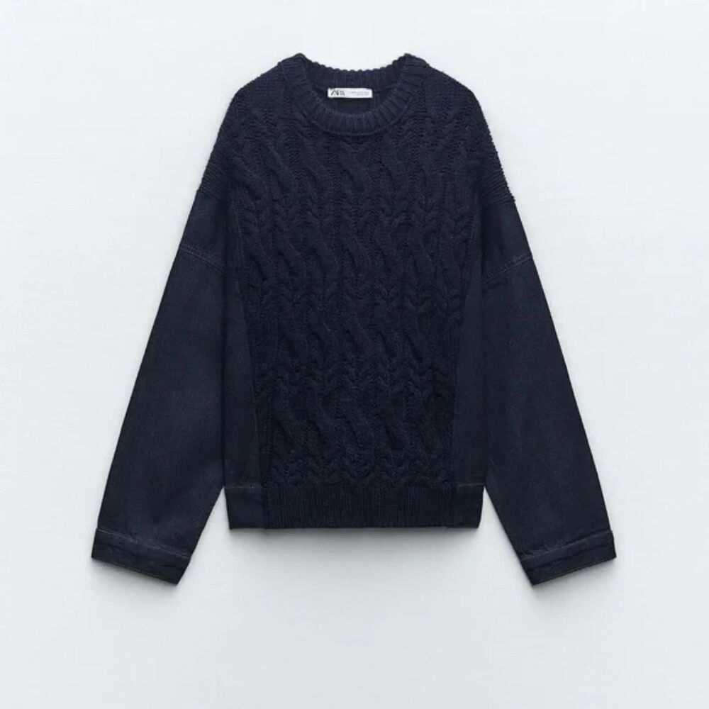 Zara Navy Blue Cable Knit Denim Mixed Media Combination Fabric Sweater (NWT)